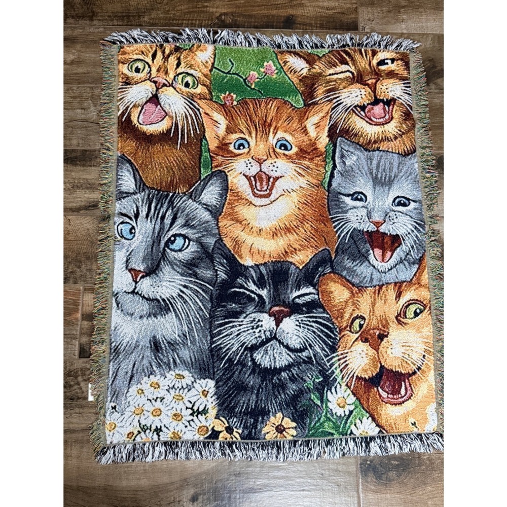 Cottagecore Crazy Cats Collage Novelty Tapestry Throw Fringe Blanket, 42x54